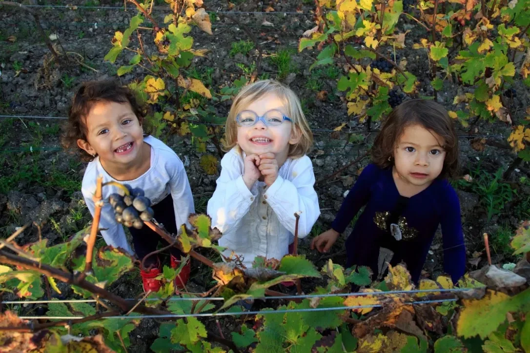 Tres niños sonríen a la cámara en un viñedo en otoño