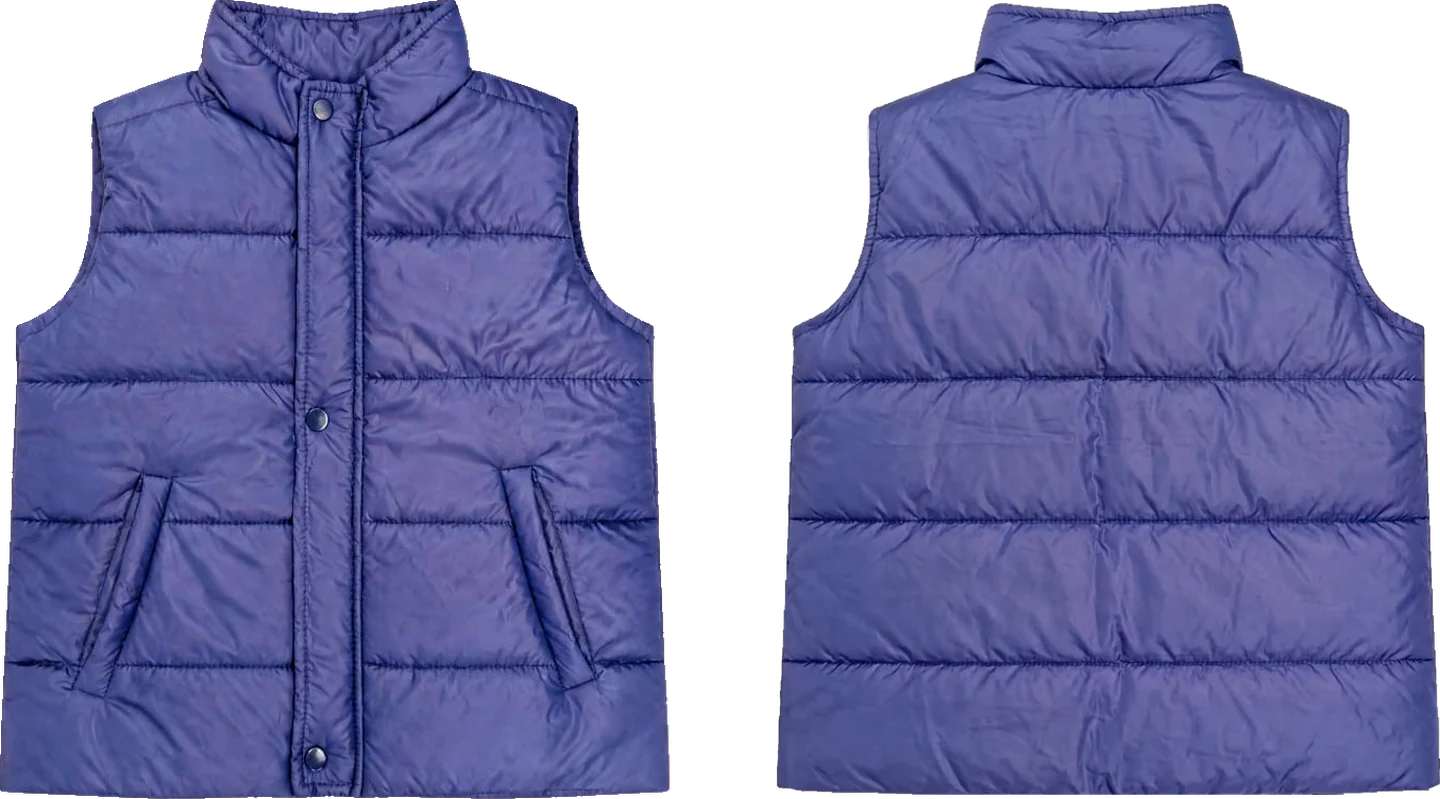 Chaleco acolchado azul rey sin logo, de frente y de espalda