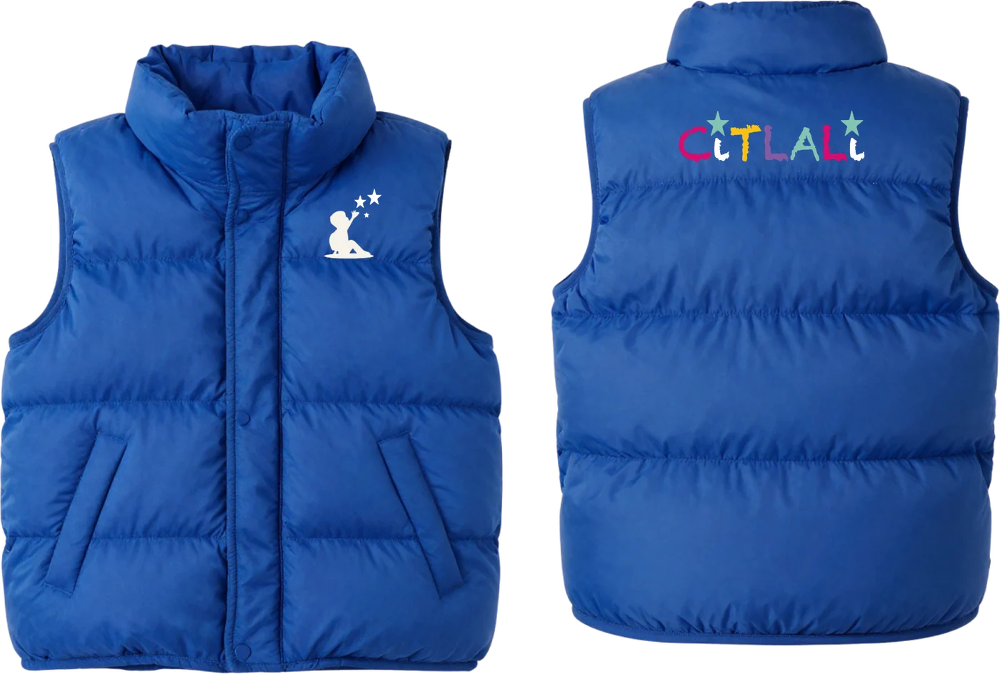 Chaleco acolchado azul rey, de frente y de espalda