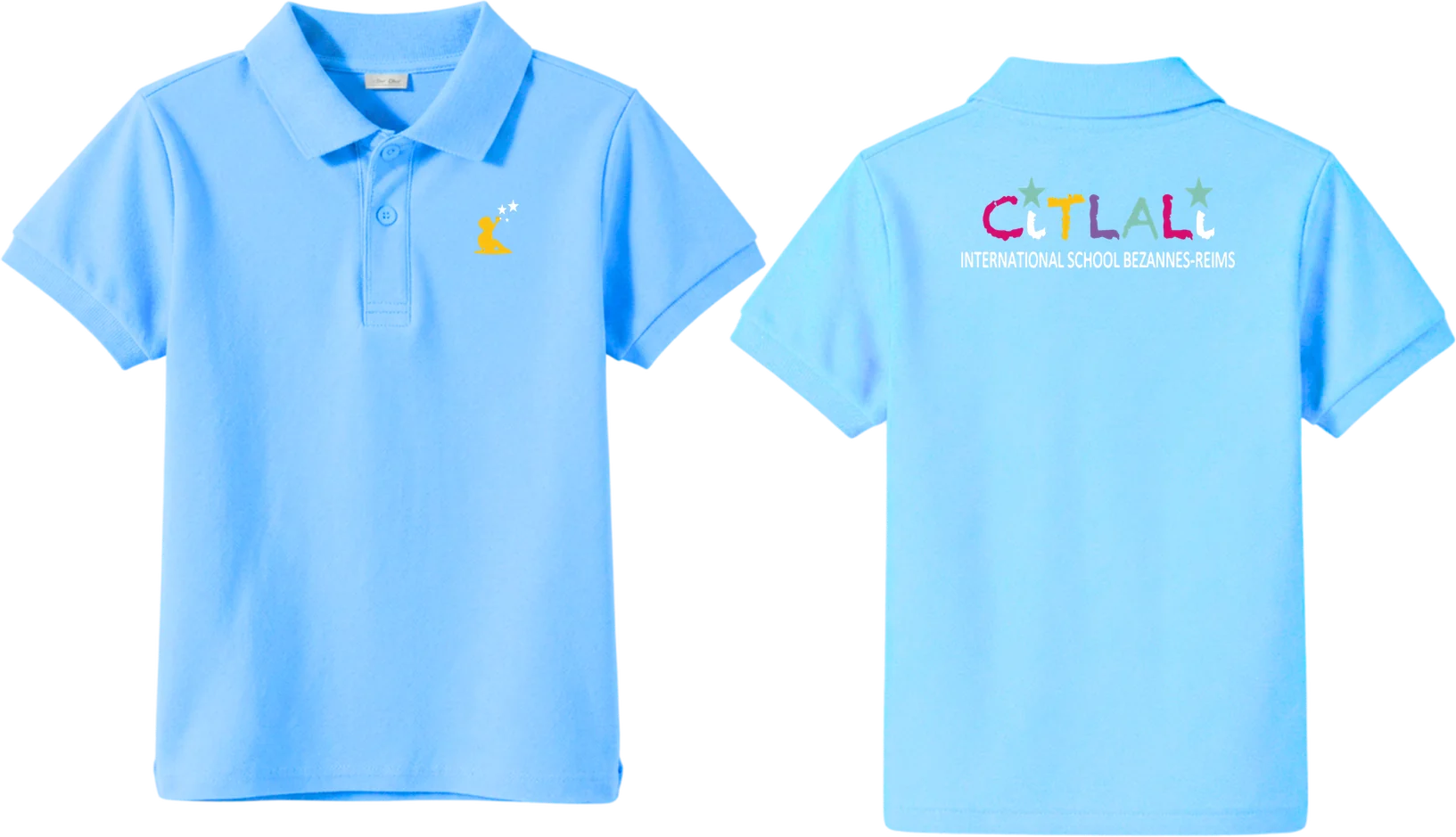 Polo azul turquesa de manga corta, de frente y de espalda