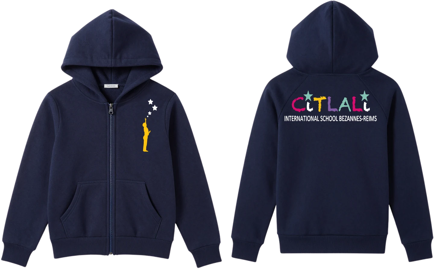 Sudadera azul marino con cremallera, de frente y de espalda, con el logo de Citlali y la silueta de un adolescente