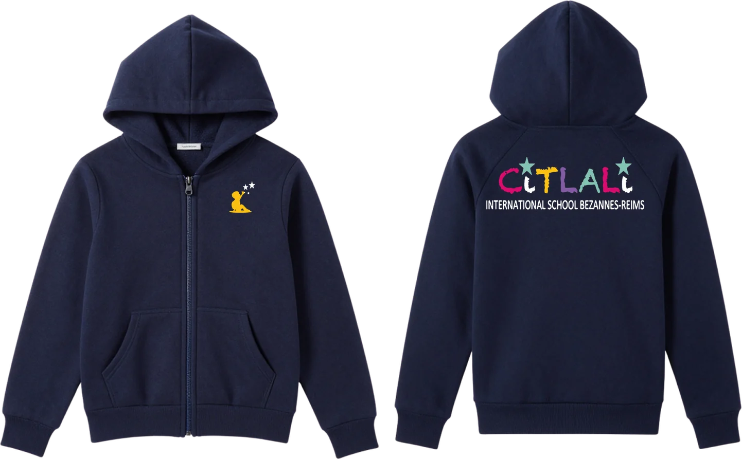 Sudadera azul marino con cremallera, vista de frente y de espalda, con el logo de Citlali